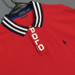 Polo Ralph Lauren Mesh Polo Shirt Men's XXL Red Striped Collar Logo Spell Out